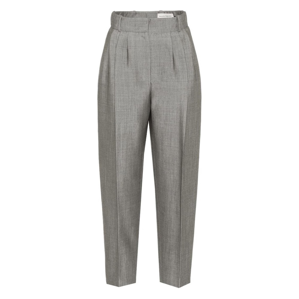 Alexander McQueen textured grey pleated high rise tailored wool mohair trousers